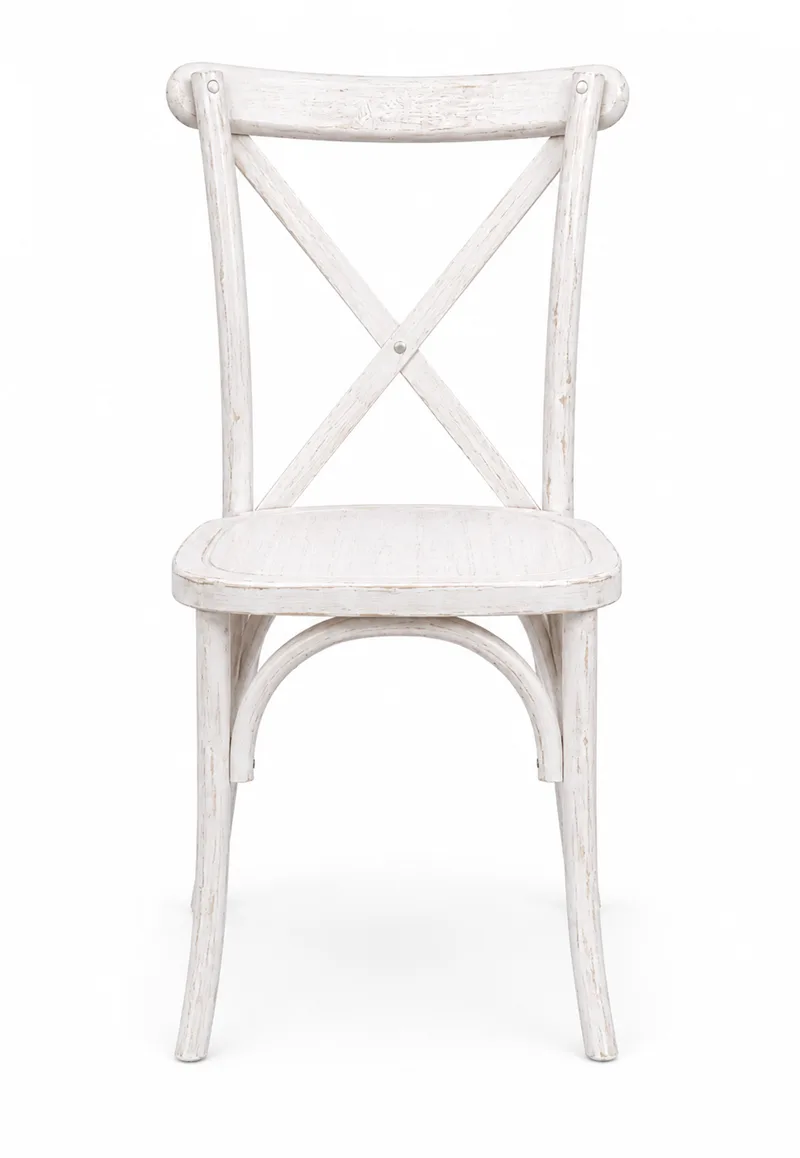 White Wabash Cross Back chair rental – Chairs – Risitas Party Rentals Houston